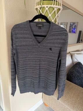 Express Men’s Charcoal Striped V-Neck Sweater